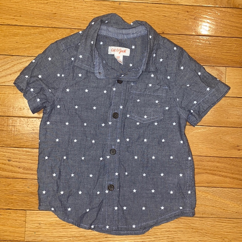 Cat & Jack 18 months Chambray Button Down Stars Patriotic Short Sleeve Shirt Boy